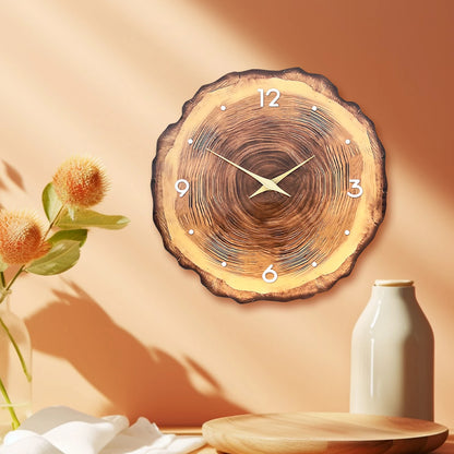 1pc wooden ring veneer wall clock, flat wood cross section texture pattern solid wood pointer design wall clock, silent clock